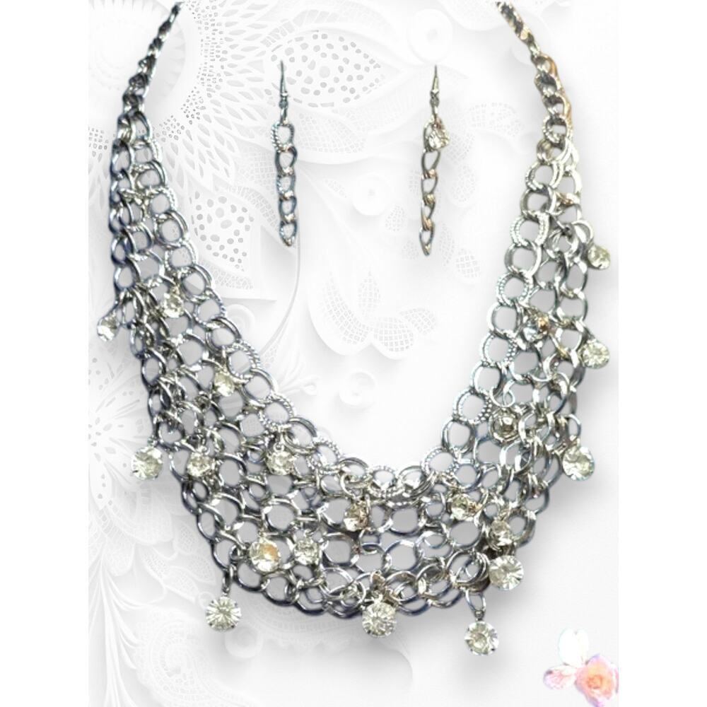 Rhinestone Fishnet Chain Bib Necklace & Earrings Set Silver Tone